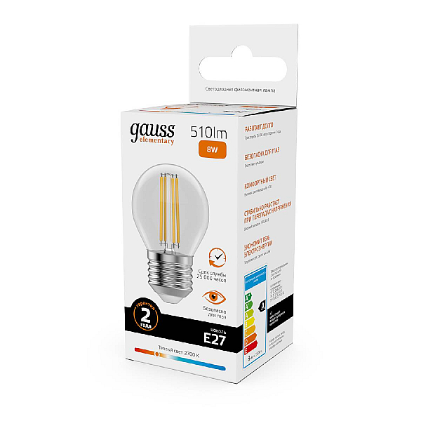 Лампа светодиодная Gauss Filament Elementary E27 8W 2700K 52218