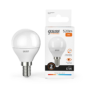 Лампа светодиодная Gauss E14 8W 3000K шар матовый 53118