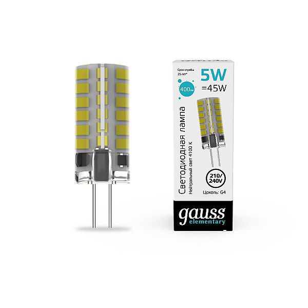 Лампа cветодиодная Gauss G4 5W 4100K прозрачная 18025