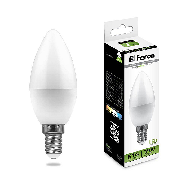 Lampa svetodiodnaya feron e14 7w 4000k svecha matvoaya lb 97 254