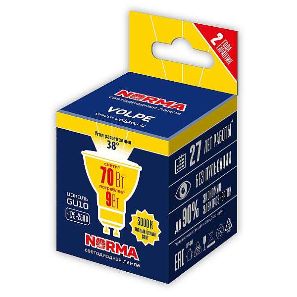 Лампа светодиодная Volpe GU10 9W 3000K прозрачная LED-JCDR-9W/3000K/GU10/38D/NR UL-00011190