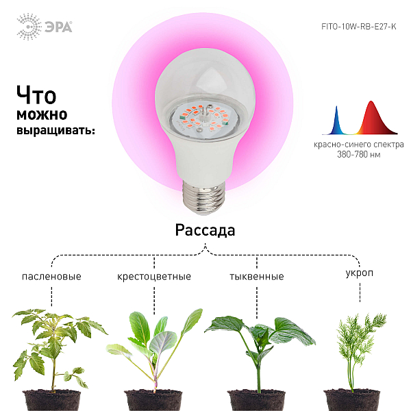 Лампа светодиодная для растений ЭРА E27 10W 1310K прозрачная FITO-10W-RB-E27-K Б0039069