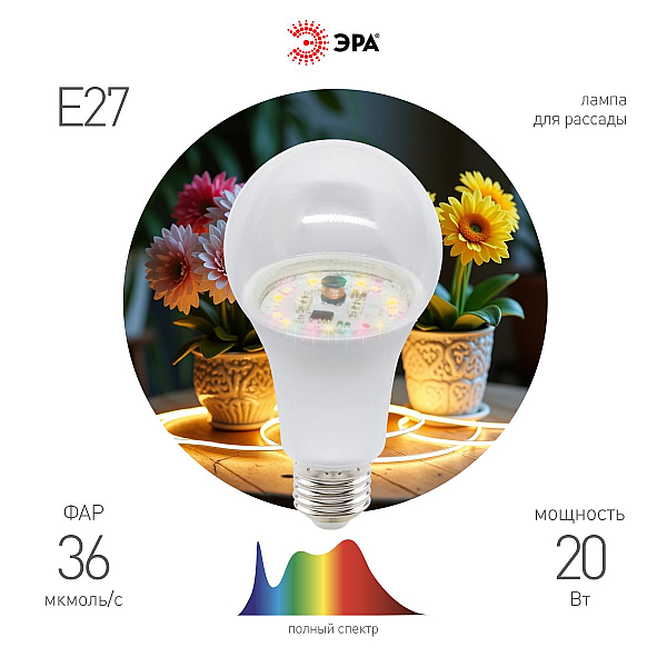 Фитолампа для растений Эра ФИТО A65-20W-PFR-E27-GR Б0068577