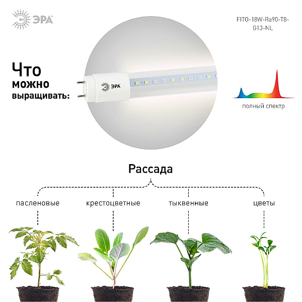 Лампа светодиодная для растений ЭРА G13 18W 1200K прозрачная Fito-18W-Ra90-Т8-G13-NL Б0042987