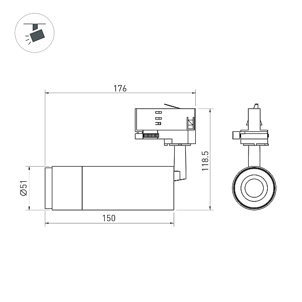 Трековый трехфазный светильник Arlight LGD-GESTIA-TRACK-4TR-R51-10W Warm3000 (BK-NI, 25-50 deg, 230V) (IP20 Металл) 059385