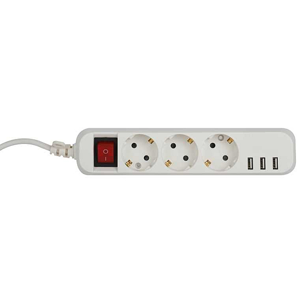 Удлинитель электрический ЭРА U-3es-3m-USB c заземлением с выключателем 3 розетки + 3xUSBA 3м 10А Б0052901
