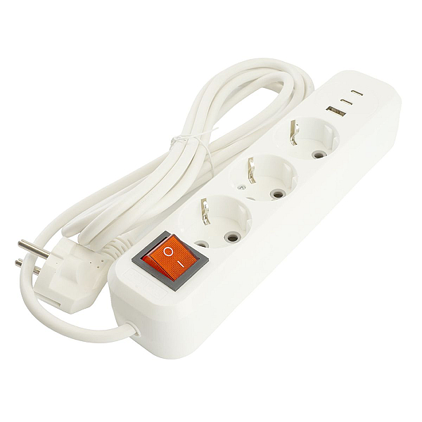 Удлинитель 3-местный с/з с выключ. Stekker HM071-31-05 3x1мм2, 5м, 250В, 16А, 1USB+2C, 2.4A Home, белый 50138