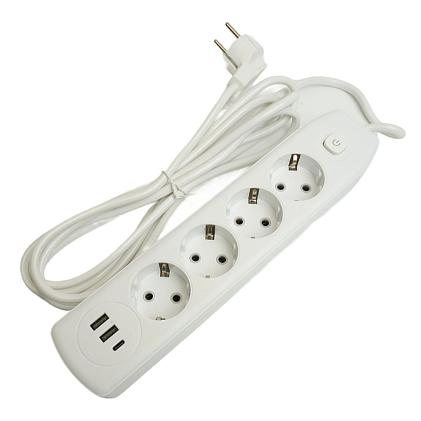 Удлинитель 4-местный c/з 3x1 мм2, 3 м, 250В, 10А, 2USB+1Type-C 2,4А Home plus, белый Stekker HM08-43-02 49978