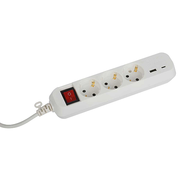 Удлинитель электрический ЭРА UB-3es-5m-USB c заземлением с выключателем 3 розетки + 1xUSBA+1xUSBC 5м 10А Б0052899