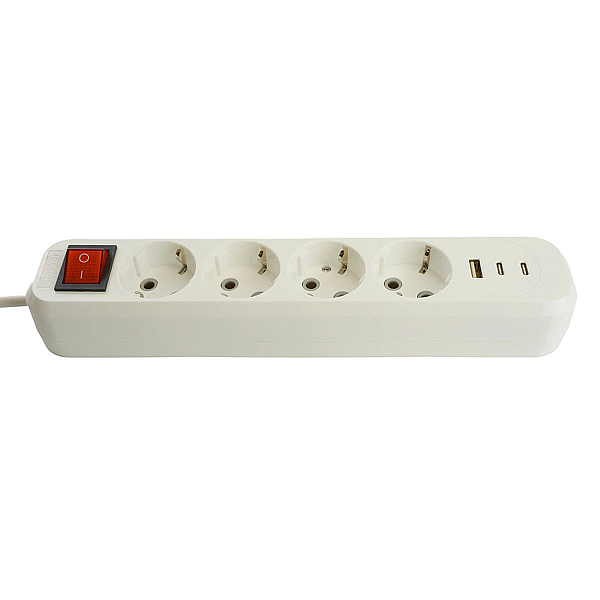 Удлинитель 4-местный с/з с выключ. Stekker HM071-41-05 3x1мм2, 5м, 250В, 16А, 1USB+2C, 2.4A Home, белый 50141