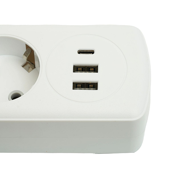 Удлинитель 4-местный c/з 3x1 мм2, 3 м, 250В, 10А, 2USB+1Type-C 2,4А Home plus, белый Stekker HM08-43-02 49978