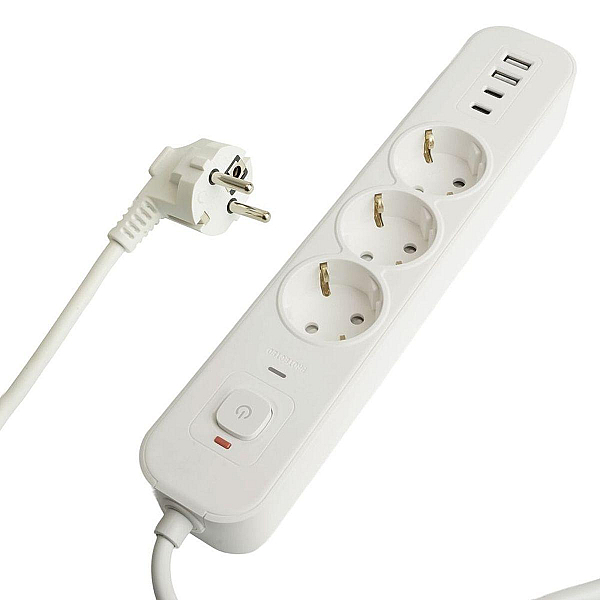Сетевой фильтр 3-местный с/з STEKKER 3x1мм2, 3 м, 250В, 16А, 2 USB-A+2 Type-C 3, серия Nova, белый