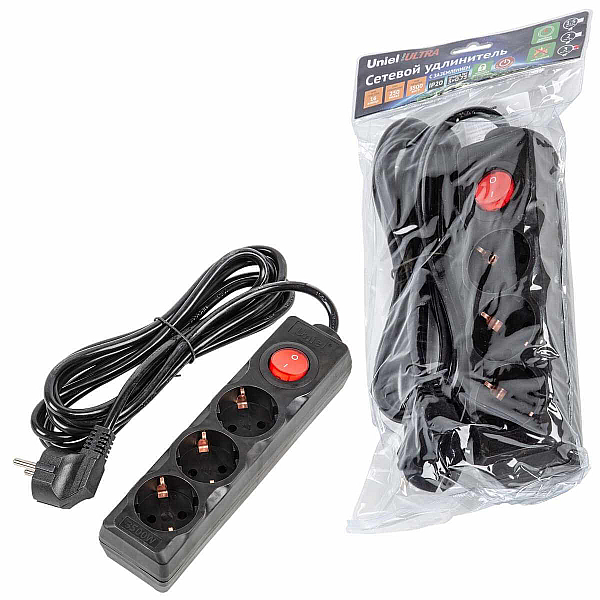 Удлинитель Uniel Ultra 3гн х 3м с/з S-GCU3-3B Black UL-00010017