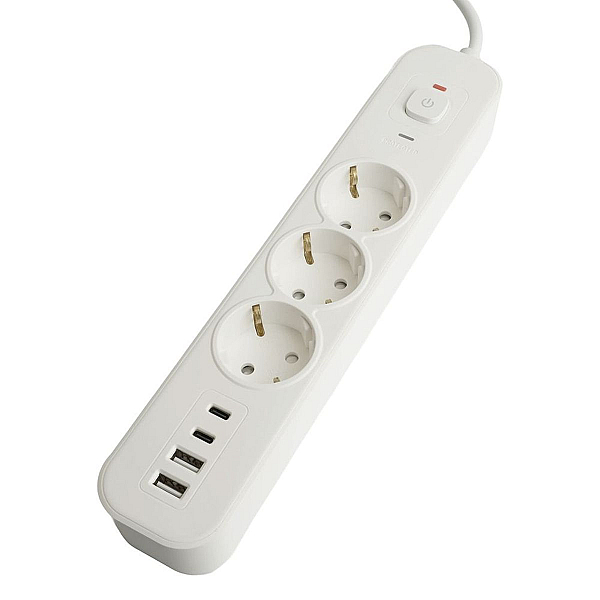 Сетевой фильтр 3-местный с/з STEKKER 3x1мм2, 3 м, 250В, 16А, 2 USB-A+2 Type-C 3, серия Nova, белый