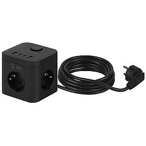 Сетевой фильтр ЭРА CUBE-3es-1,5m-4USB-B куб с заземлением с выключателем 3 розетки+4xUSBA+C 1,5м 16А черный Б0069074