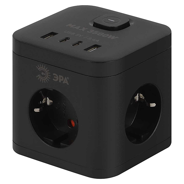 Удлинитель электрический ЭРА CUBE-3es-1,5m-4USB-B куб с заземлением с выключателем 3 розетки+4xUSBA+C 1,5м 16А черный Б0069074