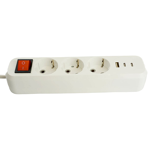 Удлинитель 3-местный с/з с выключ. Stekker HM071-31-02 3x1мм2, 2м, 250В, 16А, 1USB+2C, 2.4A Home, белый 50136