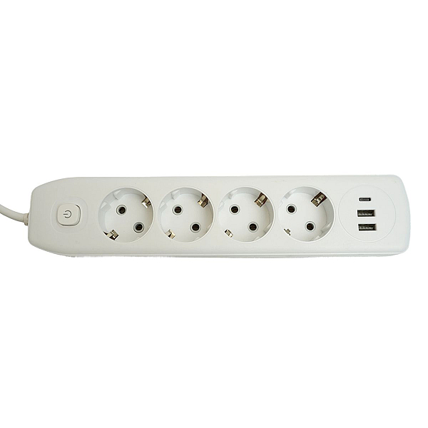 Удлинитель 4-местный c/з 3x1 мм2, 1,8 м, 250В, 10А, 2USB+1Type-C 2,4А Home plus, белый Stekker HM08-43-02 49971