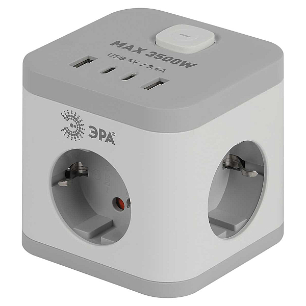 Удлинитель электрический ЭРА CUBE-3es-1,5m-4USB-W куб с заземлением с выключателем 3 розетки+4xUSBA+C 1,5м 16А белый Б0069073