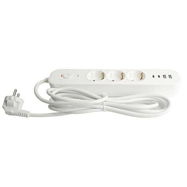 Сетевой фильтр 3-местный с/з STEKKER 3x1мм2, 5 м, 250В, 16А, 2 USB-A+2 Type-C 3, серия Nova, белый