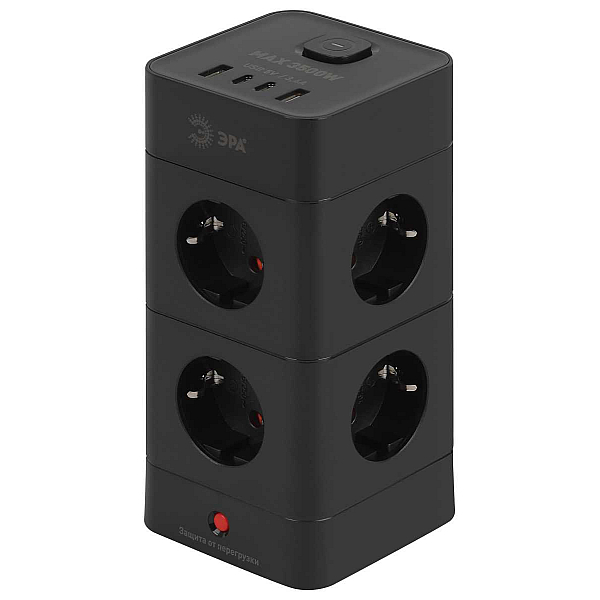 Сетевой фильтр ЭРА TWR-8es-1,5m-4USB-B башня с защитой заземлением с выключателем 8 розеток+4xUSBA+C 1,5м 16А черный Б0069072