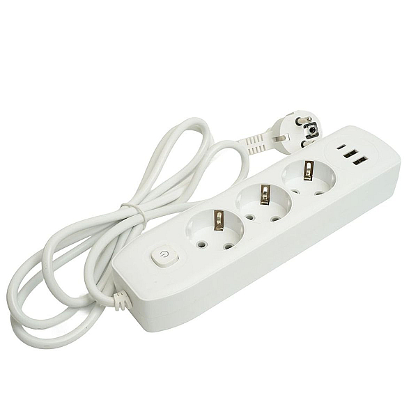 Удлинитель 3-местный c/з 3x1 мм2, 1,8 м, 250В, 10А, 2USB+1Type-C 2,4А, серия Home plus, белый STEKKER HM08-33-02 49970