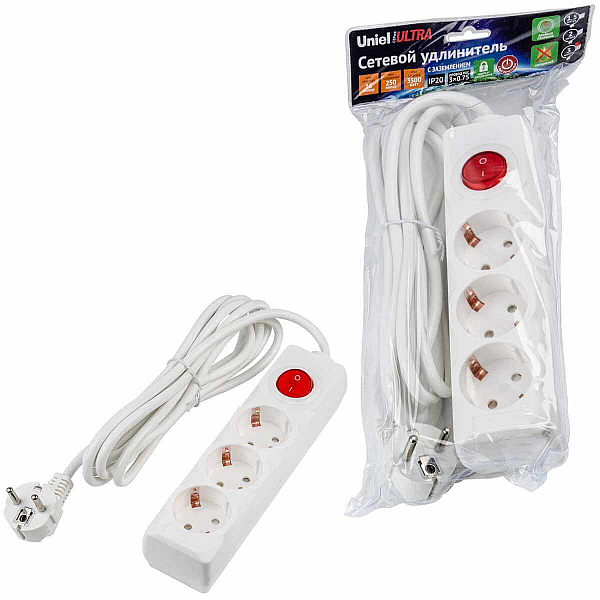 Удлинитель Uniel Ultra 3гн х 3м с/з S-GCU3-3B White UL-00010016