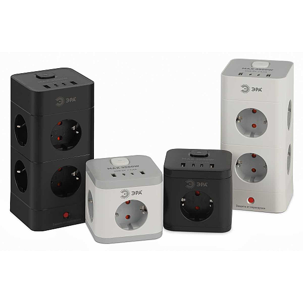 Сетевой фильтр ЭРА TWR-8es-1,5m-4USB-W башня с защитой заземлением с выключателем 8 розеток+4xUSBA+C 1,5м 16А белый Б0069071