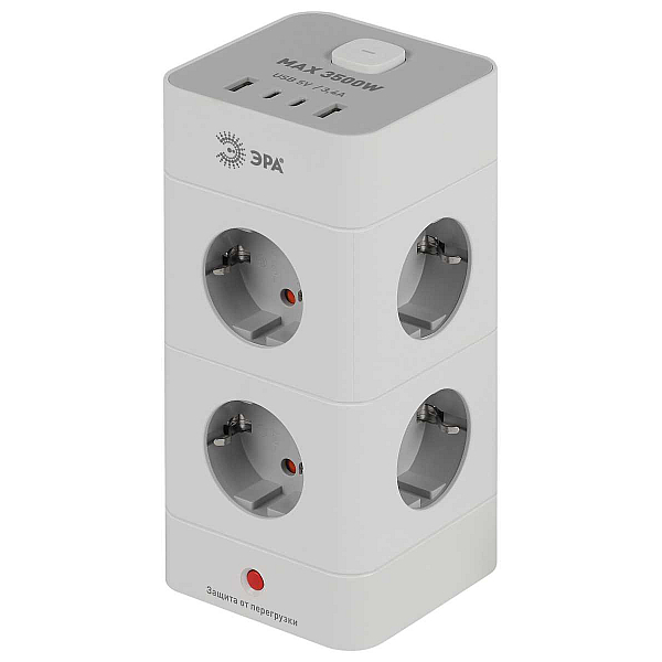 Сетевой фильтр ЭРА TWR-8es-1,5m-4USB-W башня с защитой заземлением с выключателем 8 розеток+4xUSBA+C 1,5м 16А белый Б0069071