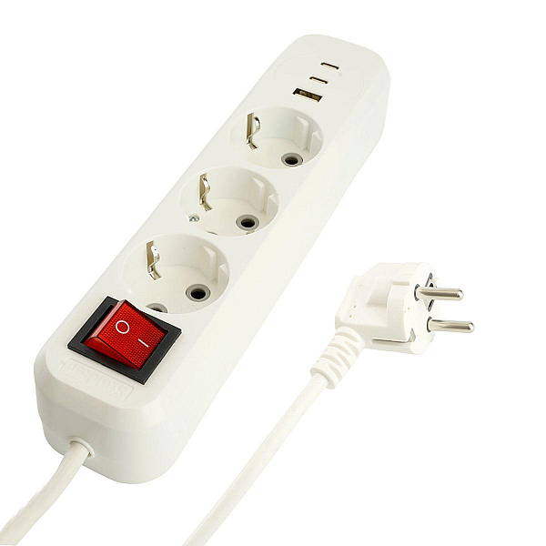 Удлинитель 3-местный с/з с выключ. Stekker HM071-31-02 3x1мм2, 2м, 250В, 16А, 1USB+2C, 2.4A Home, белый 50136