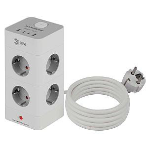 Сетевой фильтр ЭРА TWR-8es-1,5m-4USB-W башня с защитой заземлением с выключателем 8 розеток+4xUSBA+C 1,5м 16А белый Б0069071