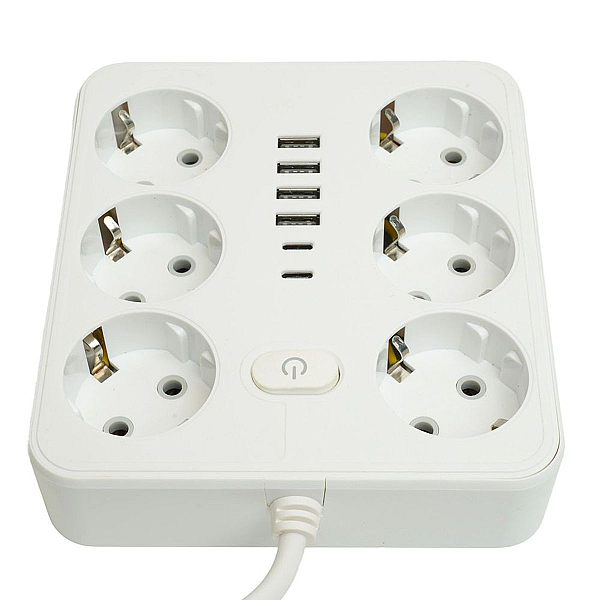 Удлинитель 6-местный c/з 3x1 мм2, 1,8 м, 250В, 10А, 4USB+2Type-C 2,4А, серия Home plus, белый STEKKER HM09-66-02 49975