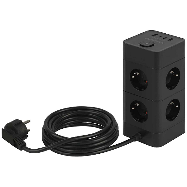 Сетевой фильтр ЭРА TWR-8es-1,5m-4USB-B башня с защитой заземлением с выключателем 8 розеток+4xUSBA+C 1,5м 16А черный Б0069072