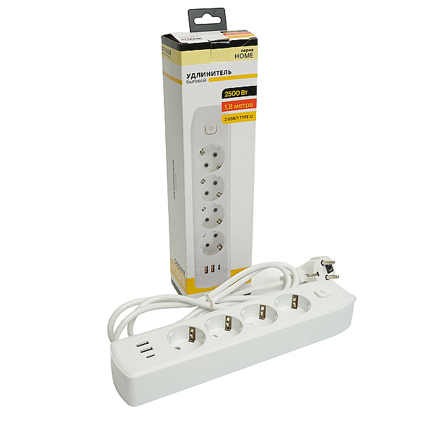 Удлинитель 4-местный c/з 3x1 мм2, 1,8 м, 250В, 10А, 2USB+1Type-C 2,4А Home plus, белый Stekker HM08-43-02 49971