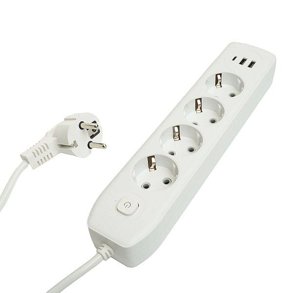 Удлинитель 4-местный c/з 3x1 мм2, 3 м, 250В, 10А, 2USB+1Type-C 2,4А Home plus, белый Stekker HM08-43-02 49978