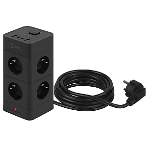Сетевой фильтр ЭРА TWR-8es-1,5m-4USB-B башня с защитой заземлением с выключателем 8 розеток+4xUSBA+C 1,5м 16А черный Б0069072