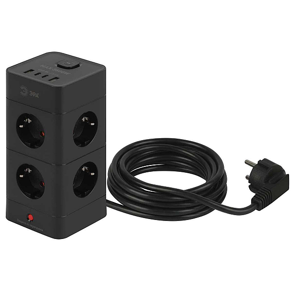 Сетевой фильтр ЭРА TWR-8es-1,5m-4USB-B башня с защитой заземлением с выключателем 8 розеток+4xUSBA+C 1,5м 16А черный Б0069072