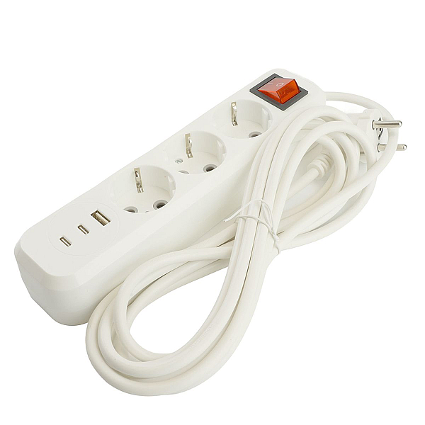Удлинитель 3-местный с/з с выключ. Stekker HM071-31-05 3x1мм2, 5м, 250В, 16А, 1USB+2C, 2.4A Home, белый 50138