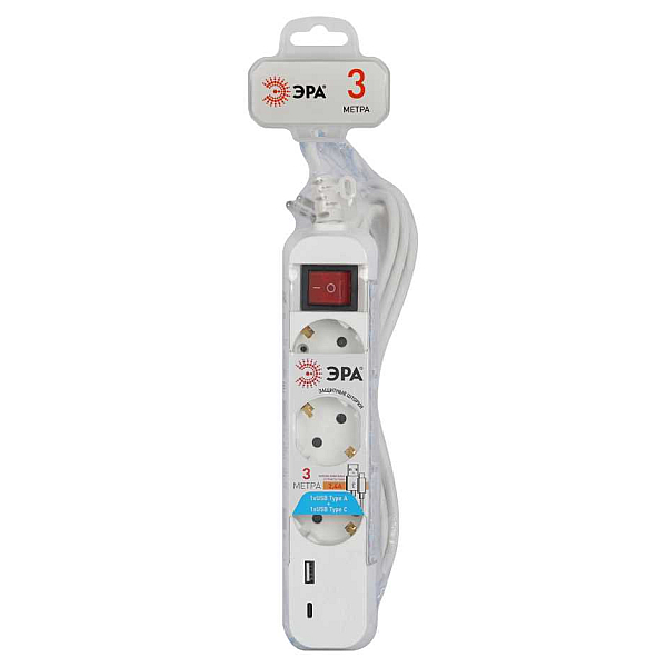 Удлинитель электрический ЭРА UB-3es-3m-USB c заземлением с выключателем 3 розетки + 1xUSBA+1xUSBC 3м 10А Б0052898
