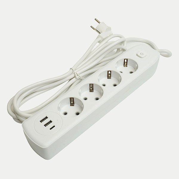 Удлинитель 4-местный c/з 3x1 мм2, 3 м, 250В, 10А, 2USB+1Type-C 2,4А Home plus, белый Stekker HM08-43-02 49978