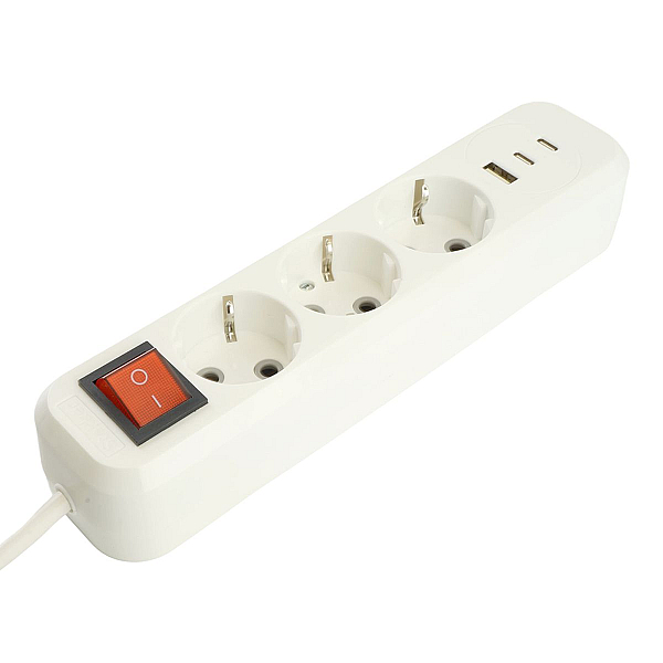 Удлинитель 3-местный с/з с выключ. Stekker HM071-31-02 3x1мм2, 2м, 250В, 16А, 1USB+2C, 2.4A Home, белый 50136