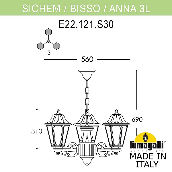 Уличный подвесной светильник Fumagalli SICHEM/ANNA 3L E22.120.S30.AYE27