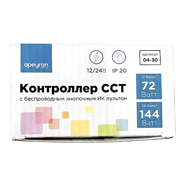 Контроллер для двухцветной светодиодной лентой Apeyron 12-24В 72Вт 2*3A/канал, IP20 пульт, DC-коннектор для входа, 4-игольчатый коннектор для выхода 04-30