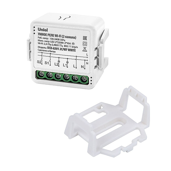 Умное реле Wi-Fi Uniel UL-00011709 2 канала. 100-240В. 2x10А 2x250Вт UCH-A301 2C/WF WHITE