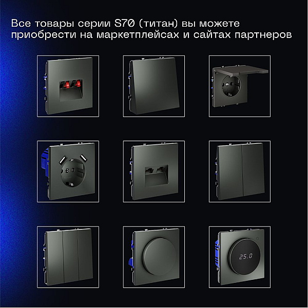 Проходной переключатель встраиваемый Voltum S70 одноклавишный с подсветкой 10А, (титан) VLS010406