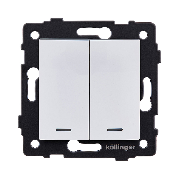 Выключатель 2-клавишный 10А/250В с LED подсветкой, изогнутый, белый Kollinger REA-R-008WH для Aspekt, Eleganz, Reflex
