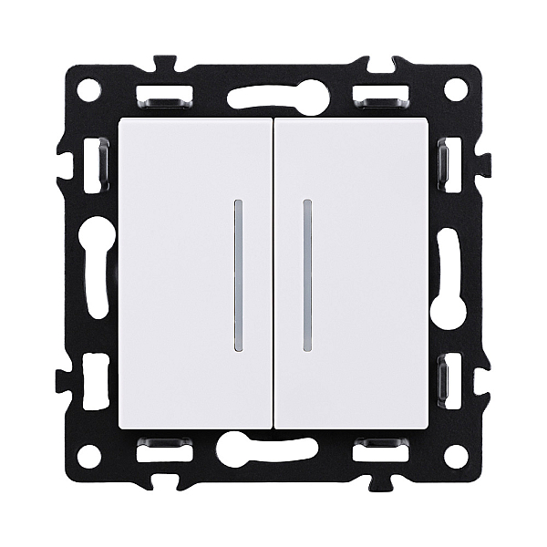 Выключатель 2-клавишный проходной 10А/250В с LED подсветкой, белый Kollinger Asthetik AS-011WH