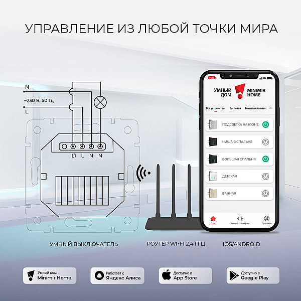 Сенсорный выключатель одноклавишный с функцией Wi-Fi Werkel черный W4510608 4690389171185