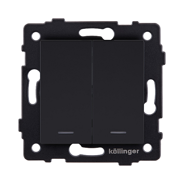 Выключатель 2-клавишный проходной 10А/250В с LED подсветкой, черный матовый Kollinger REA-S-010BM для Aspekt, Eleganz, Reflex
