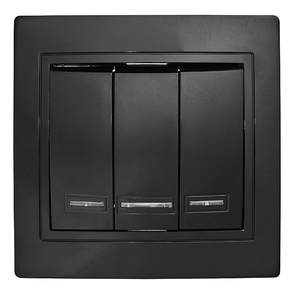 Выключатель 3 кл. с подсветкой скрытой установки 10А 250В IP20, черный (керамика) 'Дельта' General 477310